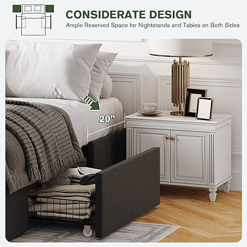 Miniatura 6 de IMUsee Base de cama Queen con almacenamiento 3 cajones grandes en ruedas plataforma tapizada de tela no necesita somier soporte de listones de