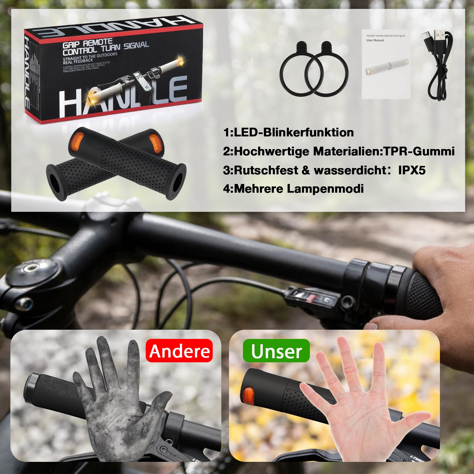 E Scooter Blinker mit Griff, Roller Blinklicht Roller Griff Licht Warnlicht Doppelblitzlicht Rücklicht mit Xiaomi M365/Pro2/1S Ninebot ES1 ES2 ES4 G30 Soft Handlebar Grips, Scooter Zubehör