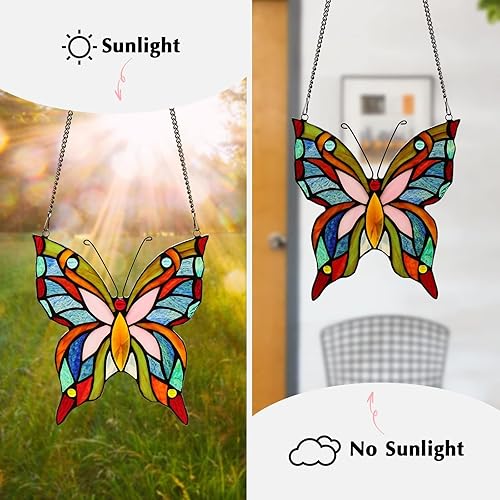 Miniatura 7 de Kleeglee Colgantes de ventana de vidrieras de mariposa, hecho a mano, atrapasoles con mariposas y vidrieras para decoración de ventanas (rosa)