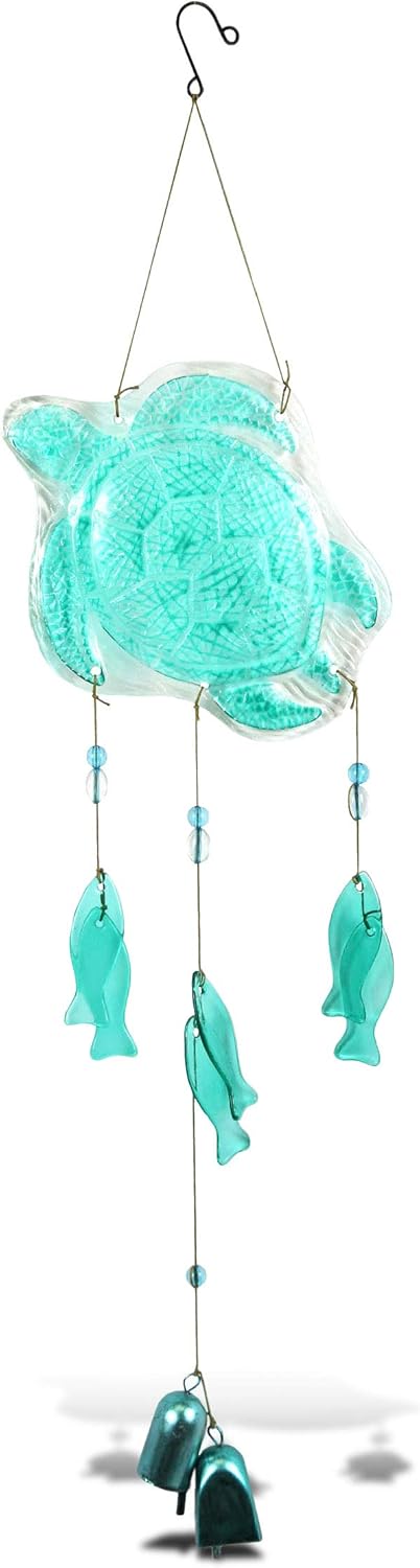 CoTa Global Aqua Sea Turtle Hanging Sea Glass Wind Chime 32.68 Inch, Nautical Glass Windchime Outdoor Decor for a Harmonic Porch, Patio & Garden, Unique Beach Art Indoor Wind Chime Window Mobile