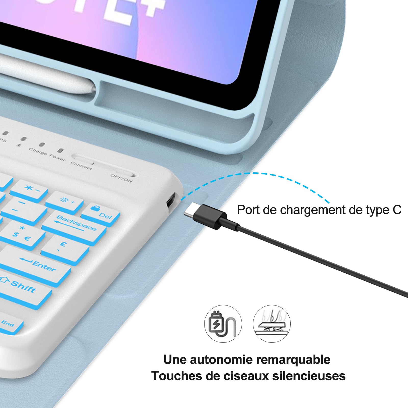 Coque Clavier pour Samsung Galaxy Tab S10 FE+ 13.1" 2025 - AZERTY Français Rétroéclairé Clavier Détachable sans Fil Bluetooth, Étui avec S-Pen fente pour stylo pour Tab S10 FE Plus, Bleu clair