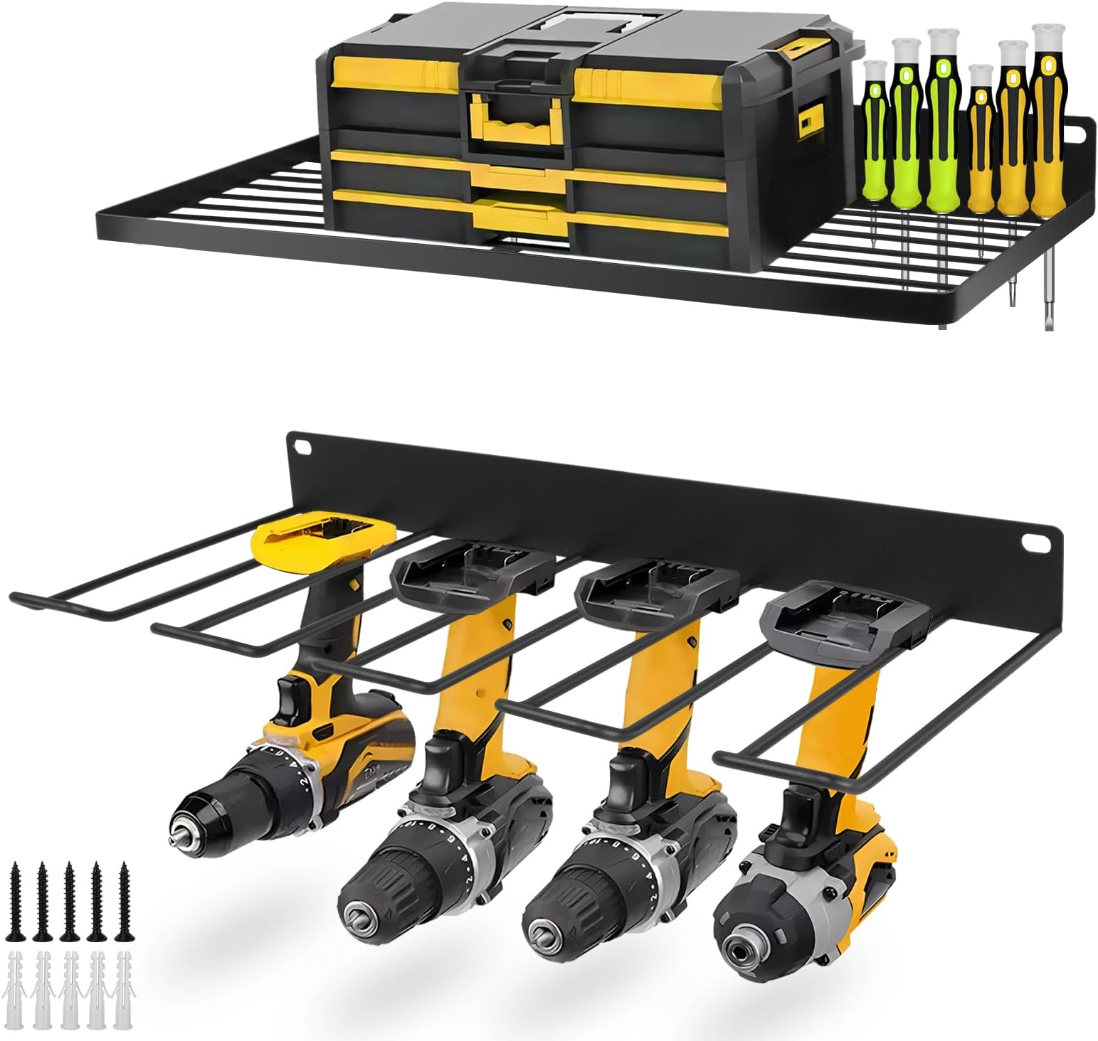 HOTOOLME Drill Holder Wall Mount Power Tool Storage,Heavy Duty Drill Tool Rack Drill Organizer Power Tool Organiser for Garage Storage (5 Slots +1 Shelf)