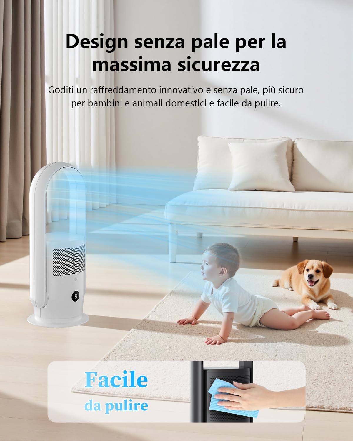 Ventilatore Senza Pale, ULTTY Silenzioso Ventilatore con Purificatore d'Aria con Telecomando, Timer, Alto 60 cm, Oscillazione per Camera da Letto, Ufficio a Casa, CR021 Bianco