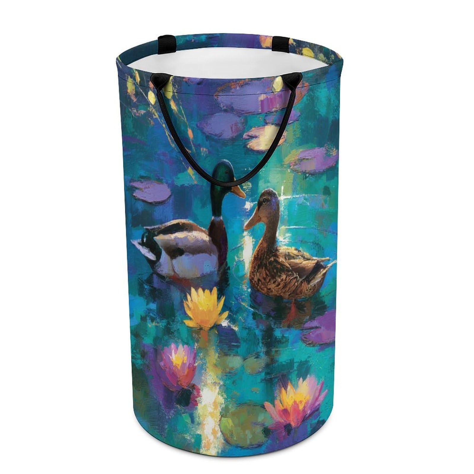 LUYYSKY Vintage Realistic Animal Duck Versatile Storage Laundry Basket, Vintage Classic Plant Lotus Flowers Wildlife Mallard Large Bathroom Laundry Hamper With Handle-40 CM Dia, 69 CM High