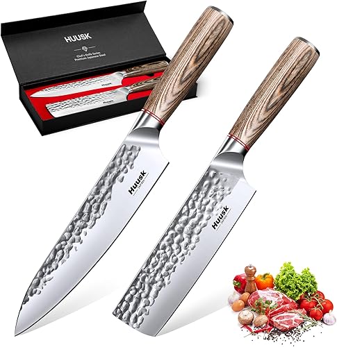 Huusk Juego de cuchillos de cocina japoneses Juego de cuchillos de chef profesionales de 2 piezas para cocina, cuchillo de cortar verduras Nakiri