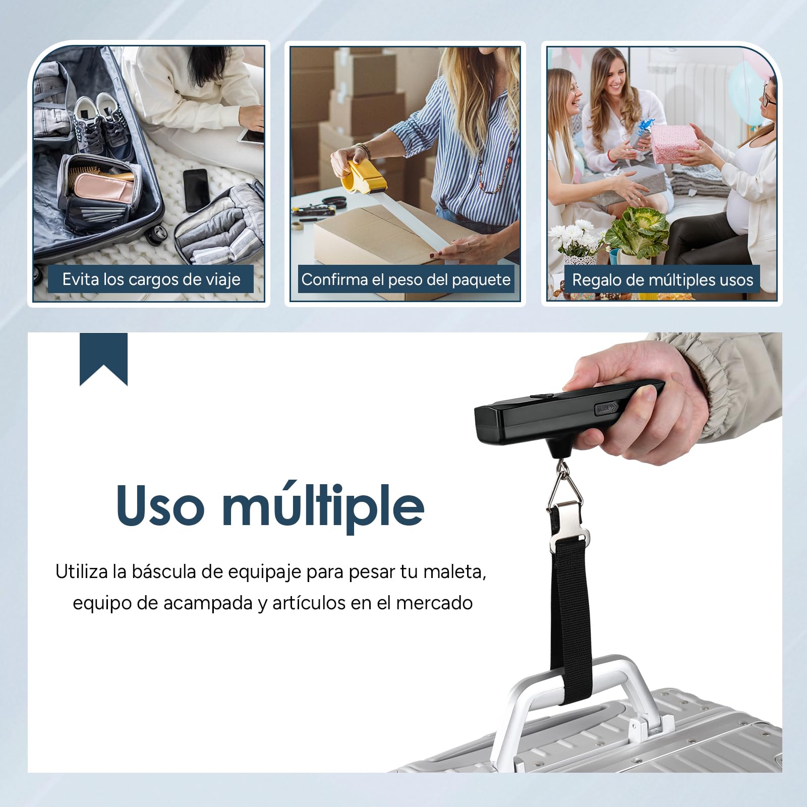 travel inspira Báscula para Maletas Portátil, Pesa de Viaje Mano Sin Pilas con Pantalla Grande y Función Tara, Báscula de Equipaje Autogenerable, Capacidad 50kg/110lb