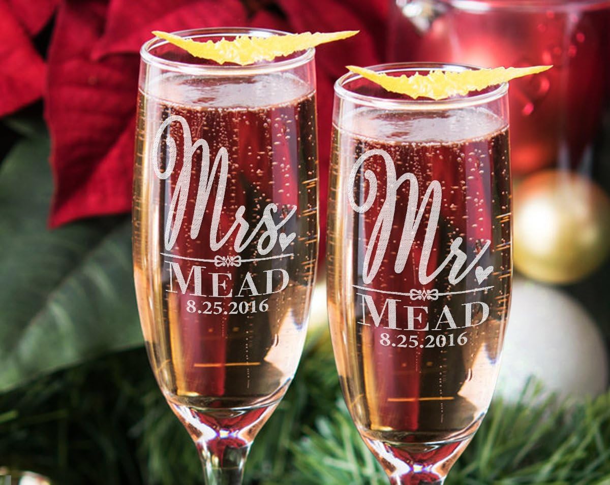 Custom Mr and Mrs Wedding Champagne Glasses, Wedding Gifts Personalized with Last Name and Date- Wedding Gifts for Bride and Groom, Anniversary Favor, Engraved Champagne Flutes- Married Couple Gifts