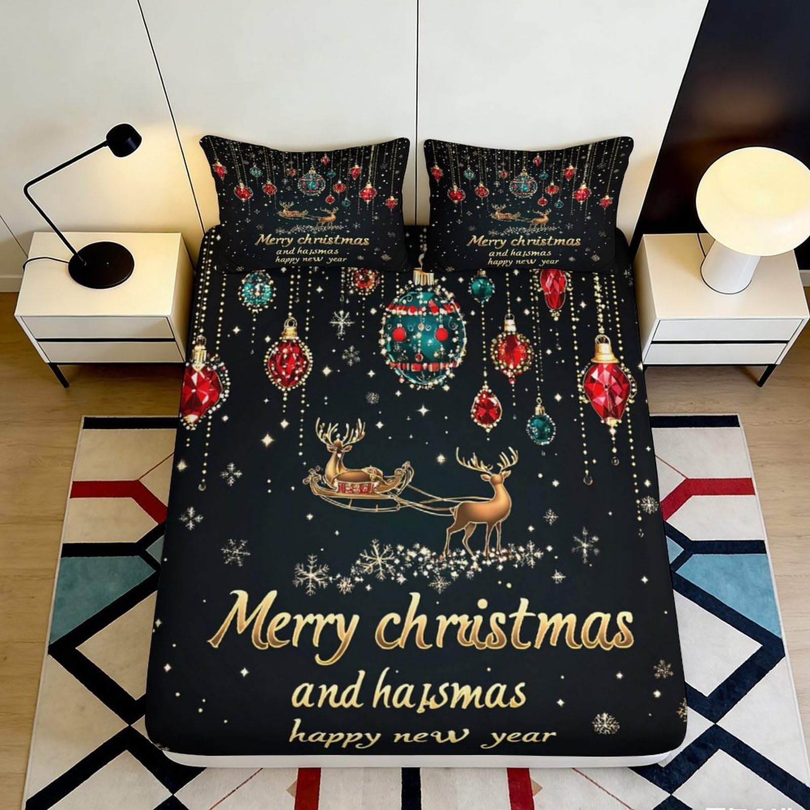 3D Printed Christmas Reindeer Fitted Sheet Microfiber Festival Ornament Bed Cover for Bedroom Dorm Mattress Protection 90x200x25cm