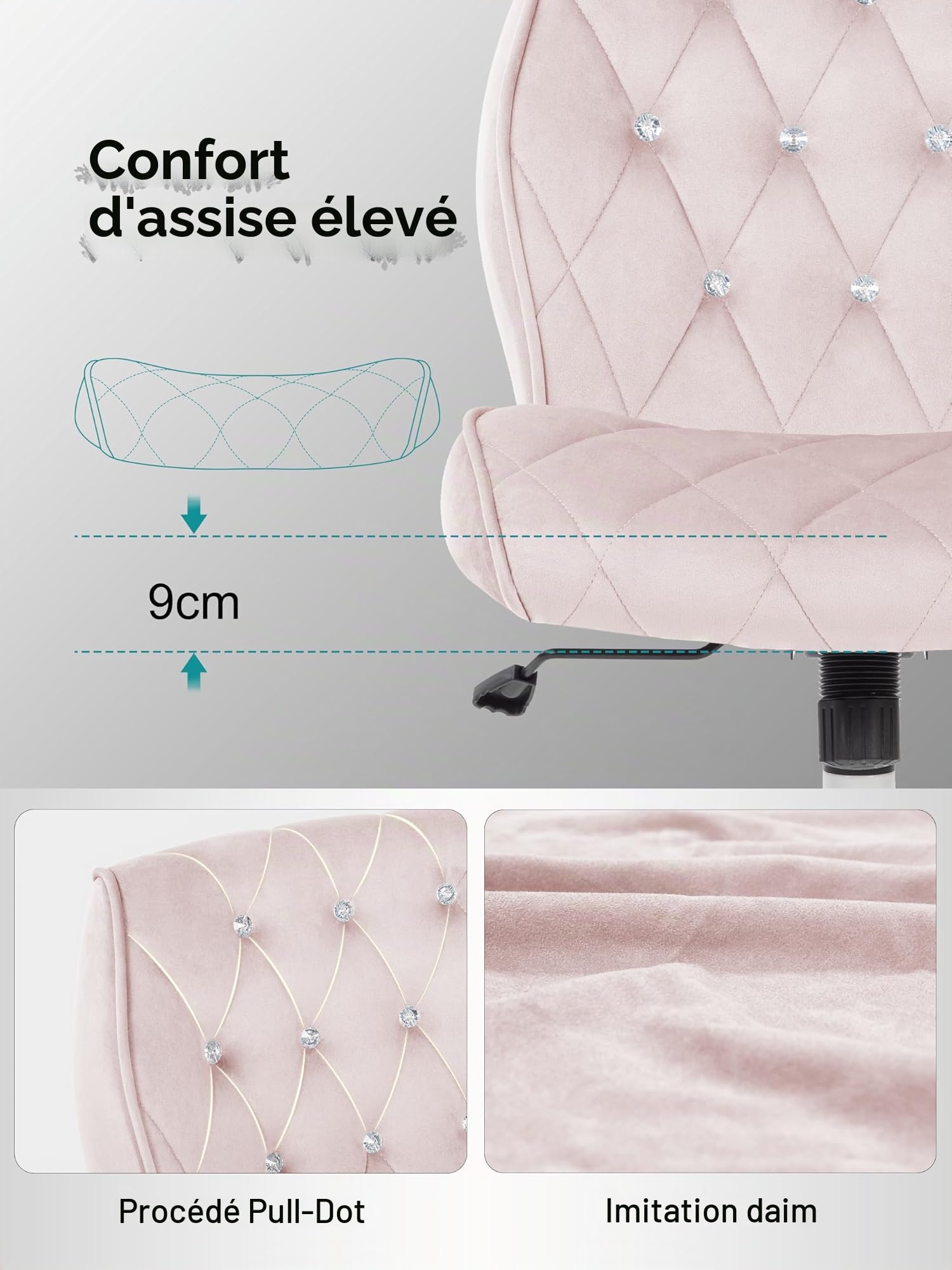 Symino Chaise de Bureau en Velours, Chaise pivotante Ergonomique, Design avec Diamants réglable en Hauteur, pour Bureau, Chambre, Coiffeuse, jusqu'à 120 kg, Filles Femmes