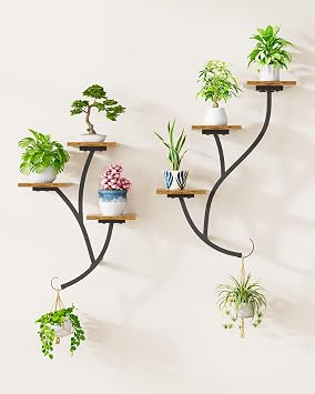 2 Pack Wall Mounted Plant Holder, 6-Tier Hanging Planters for Indoor Plants | Metal And Wood Wall Planters, Easy To Assembly, Tree Style, With Hanging Function, For Display Plants, Photos & Decor