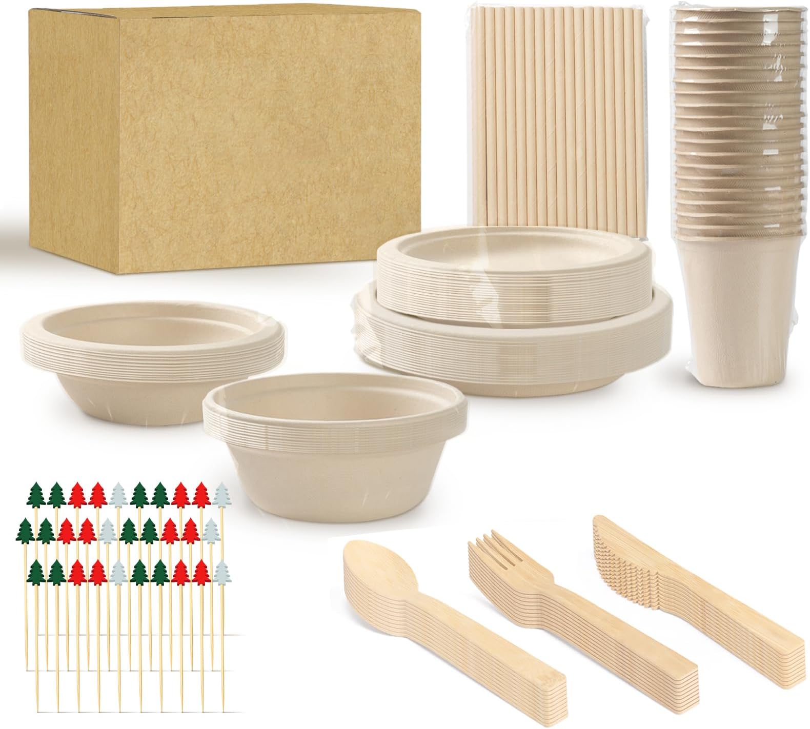 200 Pcs Compostable Paper Set, Eco-Friendly Durable Disposable Plates, Cutlery, Bamboo Plates, Bowls, Forks, Knives, Spoons, Cups, Straws, Fruit Sticks, Wedding, Party, Picnic