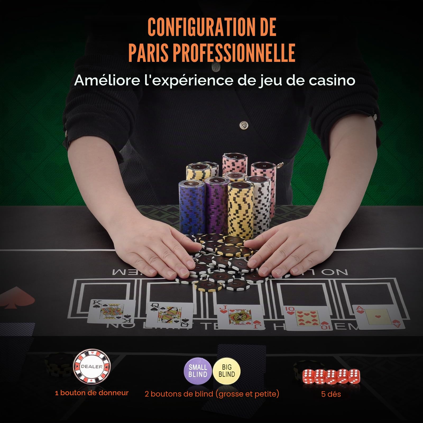 VEVOR Mallette de Poker 500 Jetons de Poker en Argile et ABS 14 g 40x3,3 mm avec 2 Jeux de Cartes Texas Hold'em 1 Bouton de Croupier et 2 Boutons Blind pour Blackjack Jeux de Hasard Casino à Domicile