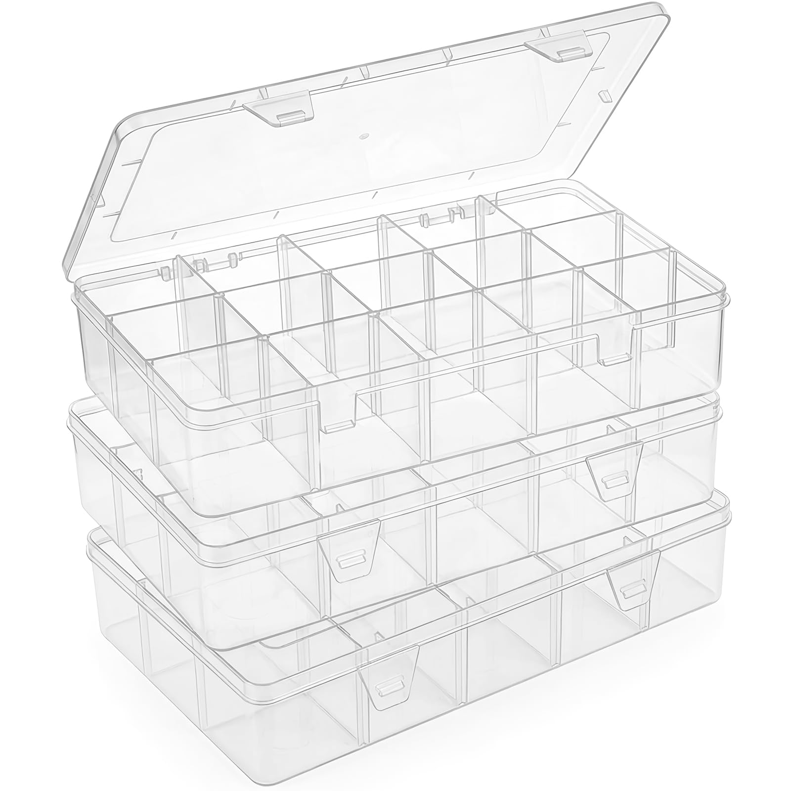 SGHUO Paquete de 3 cajas de almacenamiento grandes de plástico con 15 rejillas, 15 compartimentos con separadores para caja de aparejos, cuentas, cinta washi, cinta, manualidades, suministros de arte