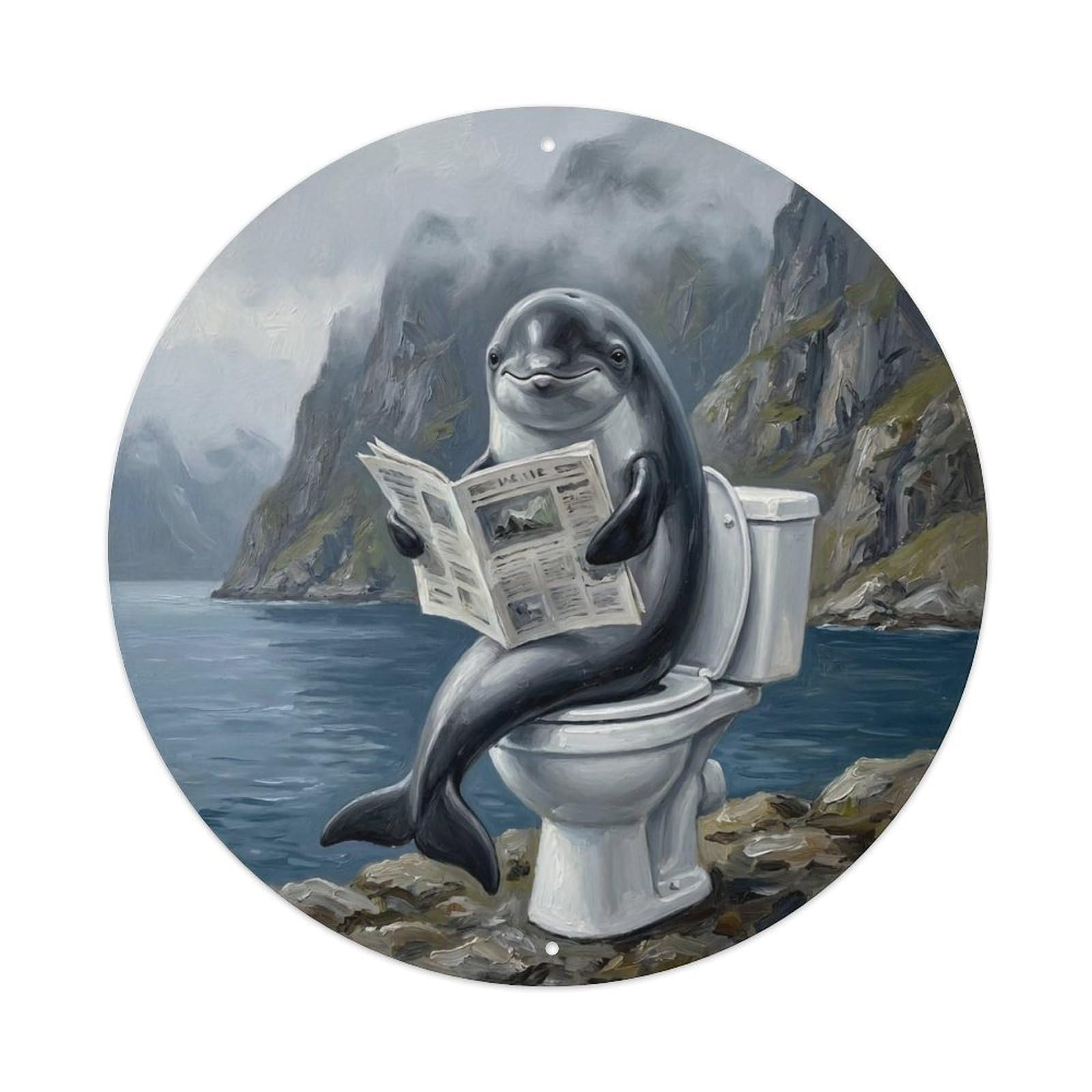 Porpoise On Toilet Humorous Bathroom Fjord Mist Reads Metal Tin Sign
