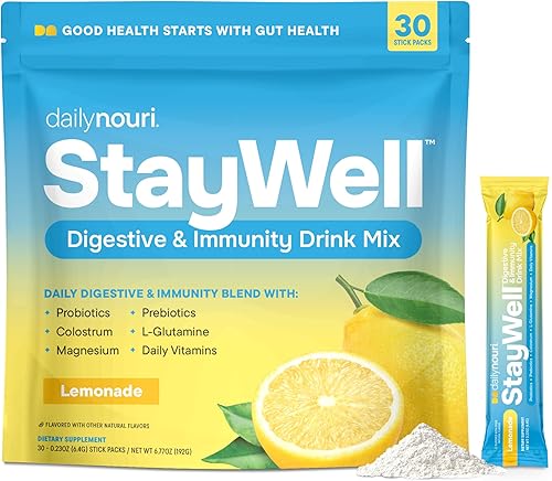Daily Nouri StayWell - Mezcla de bebida digestiva e inmunidad  Salud intestinal, digestión y alivio de la hinchazón  Probióticos, prebióticos,