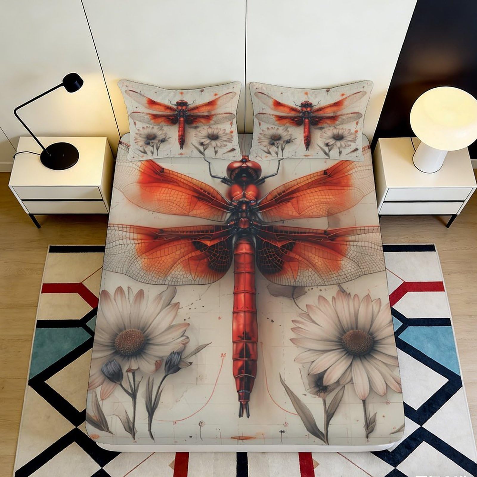 Pnayamiorkfel Style-3 3D Printed Red Dragonfly Fitted Sheet Microfiber Soft Breathable Daisy Flower Mattress Cover For Bedroom Dorm Decor 90X200x25cm