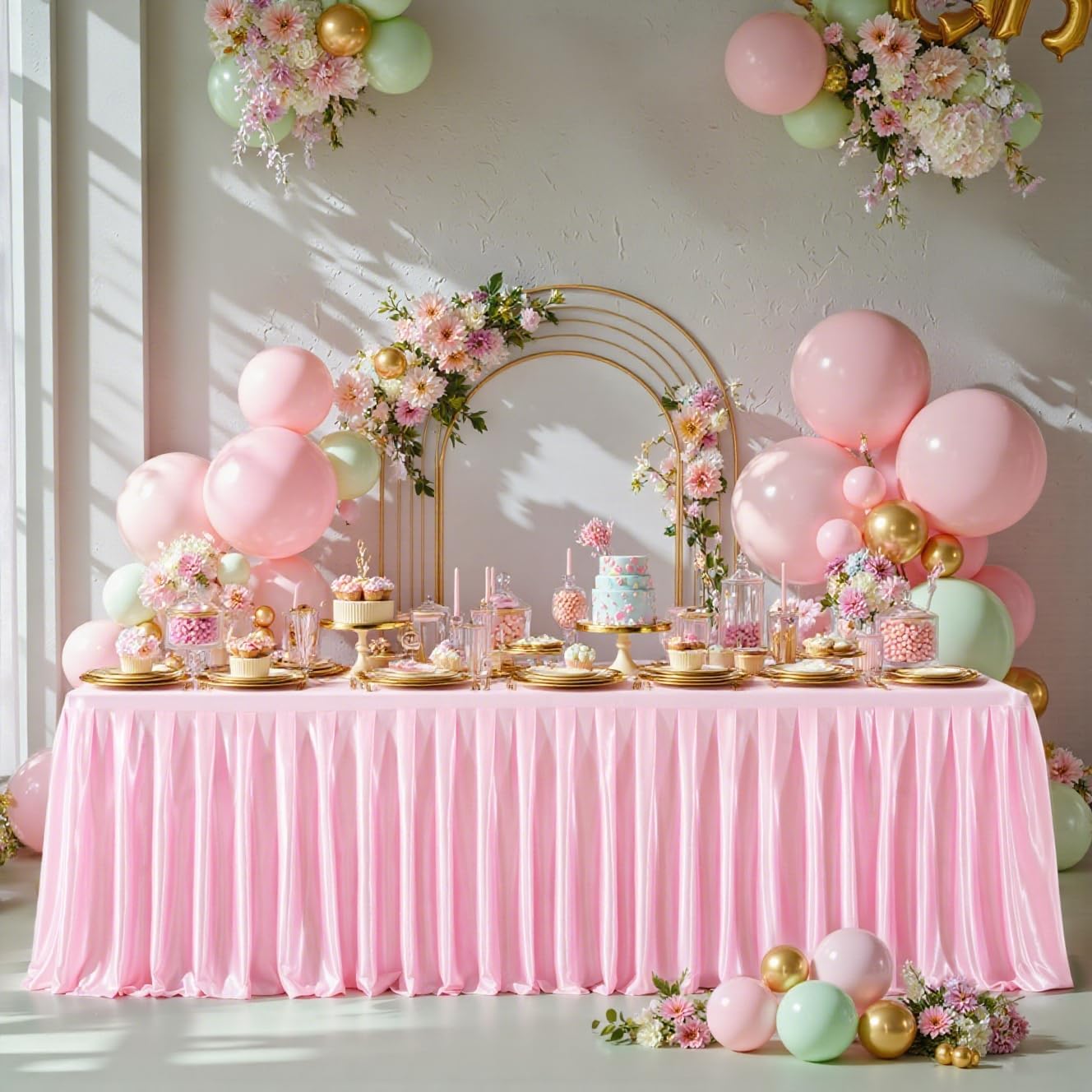 4FT Pink Satin Tablecloths for Rectangle Tables - Shiny Spandex Party Table Cover with Pleated Table Skirt, No-Wrinkle & Glossy Wedding Tablecloth One-Piece for Birthday Baby Shower Banquet Ceremony