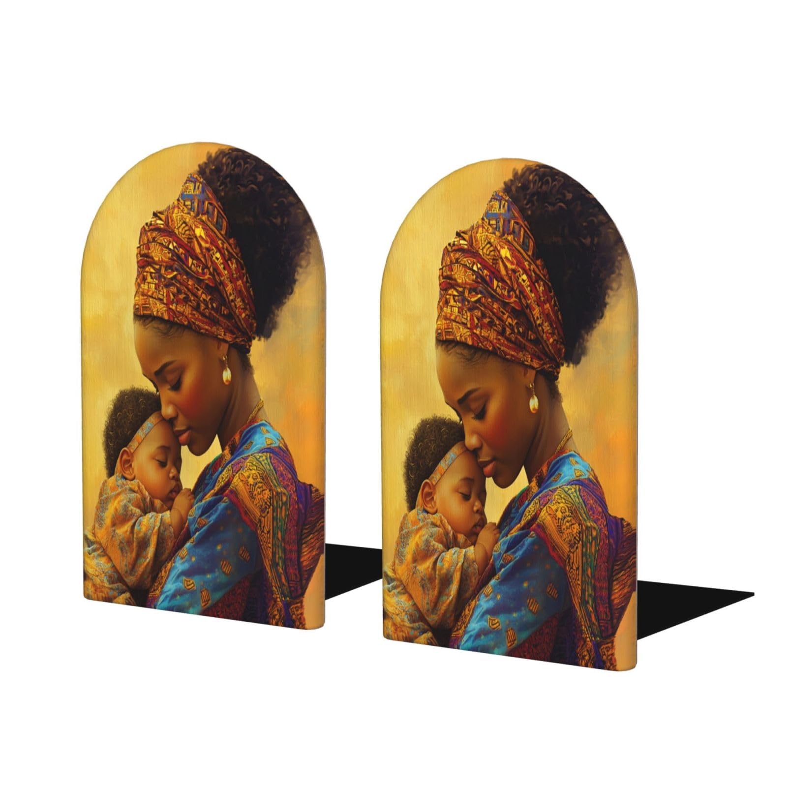 Woshuwo Khaki African Mother Bookends For Shelves 2 Pcs Wooden Book Stopper Organizer For Home Office Libraries