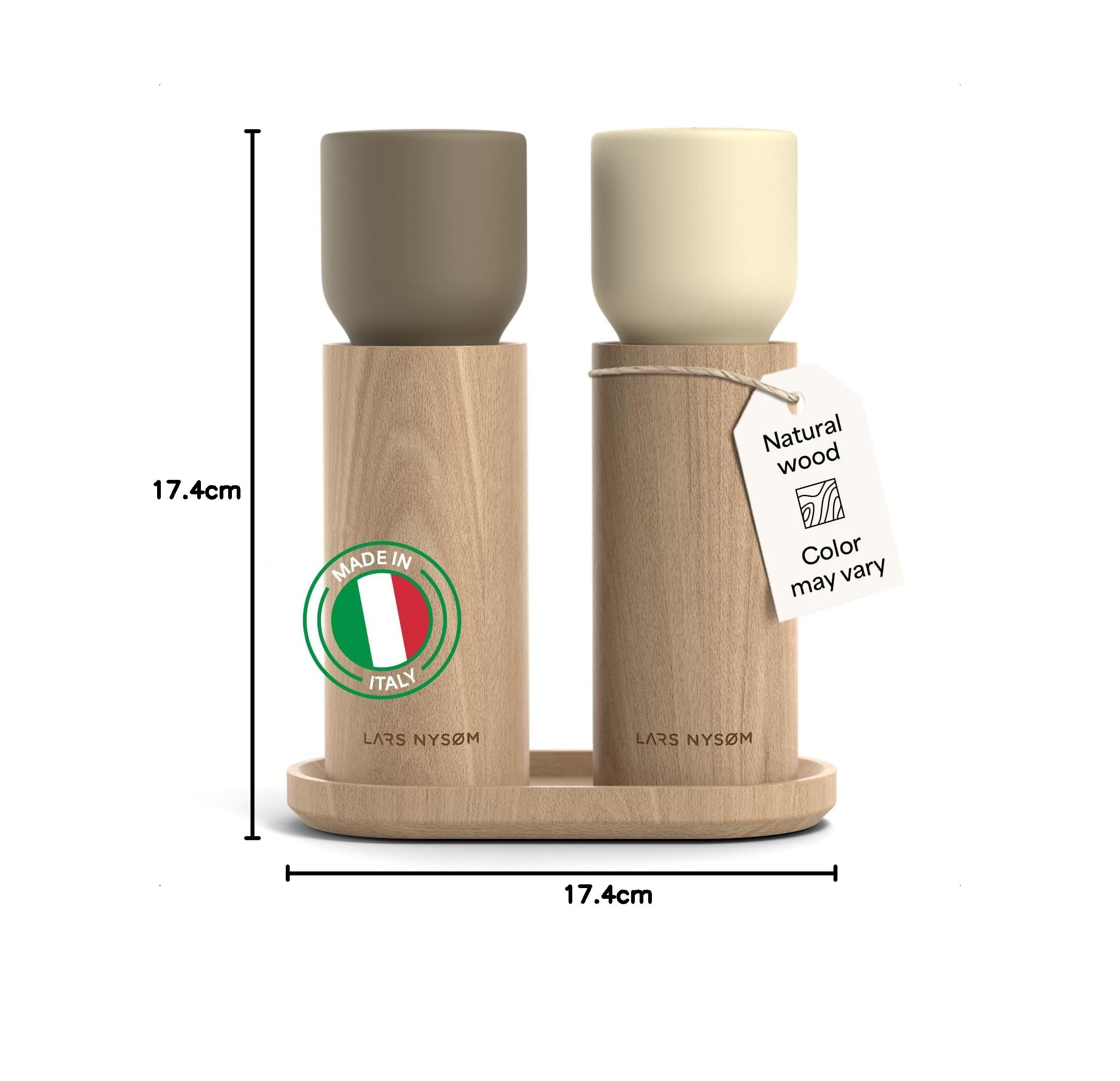 LARS NYSØM Salz und Pfeffermühle Holz Set - Manuelle Holzmühlen mit Keramikmahlwerk und Untersetzer - Große Pfeffermühle & Salzmühle für Grobes Salz - Gewürzmühle für Küche oder Tisch