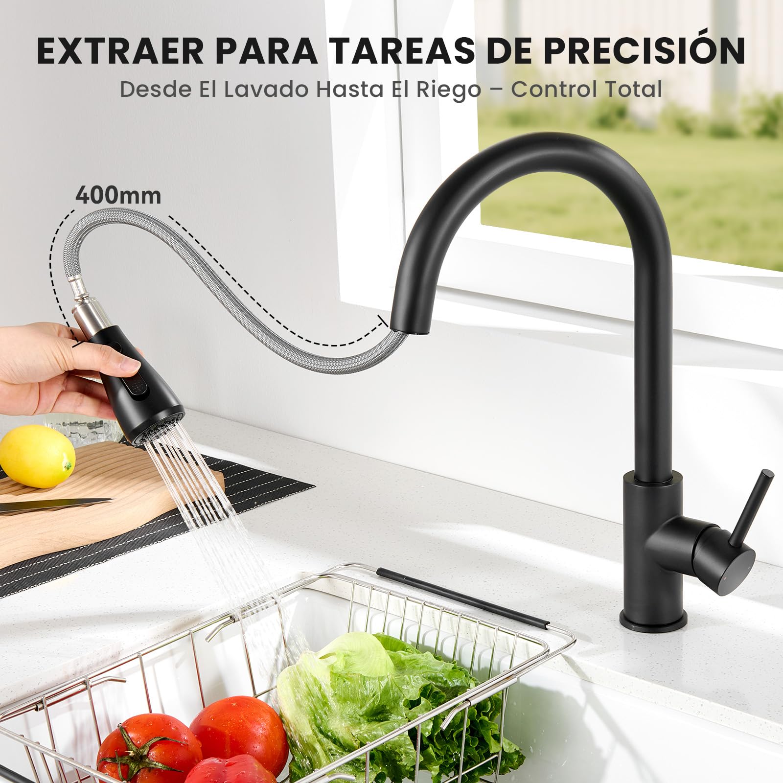 Grifo Lavabo CECIPA Grifo Cocina Negro Extraible, Grifos Cocina