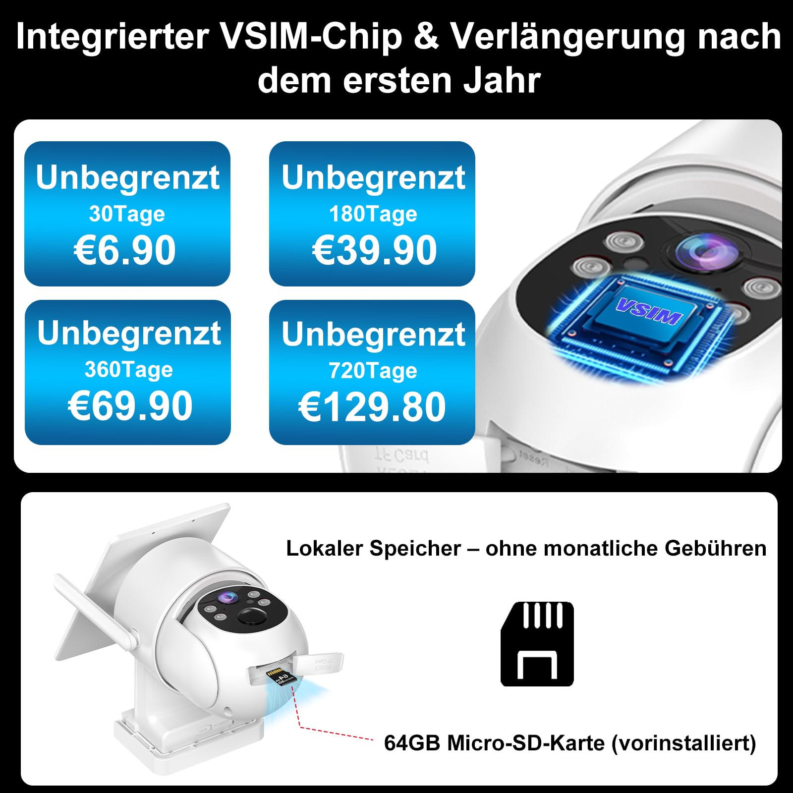 4G LTE überwachungskamera Aussen Ohne WLAN,360 Tage Unbegrenzte Daten | Solarbetrieben ohne WLAN,2K PTZ 360°Kamera,Farb-Nachtsicht,PIR-Bewegungssensor,64 GB Speicher,IP65 Wasserdicht