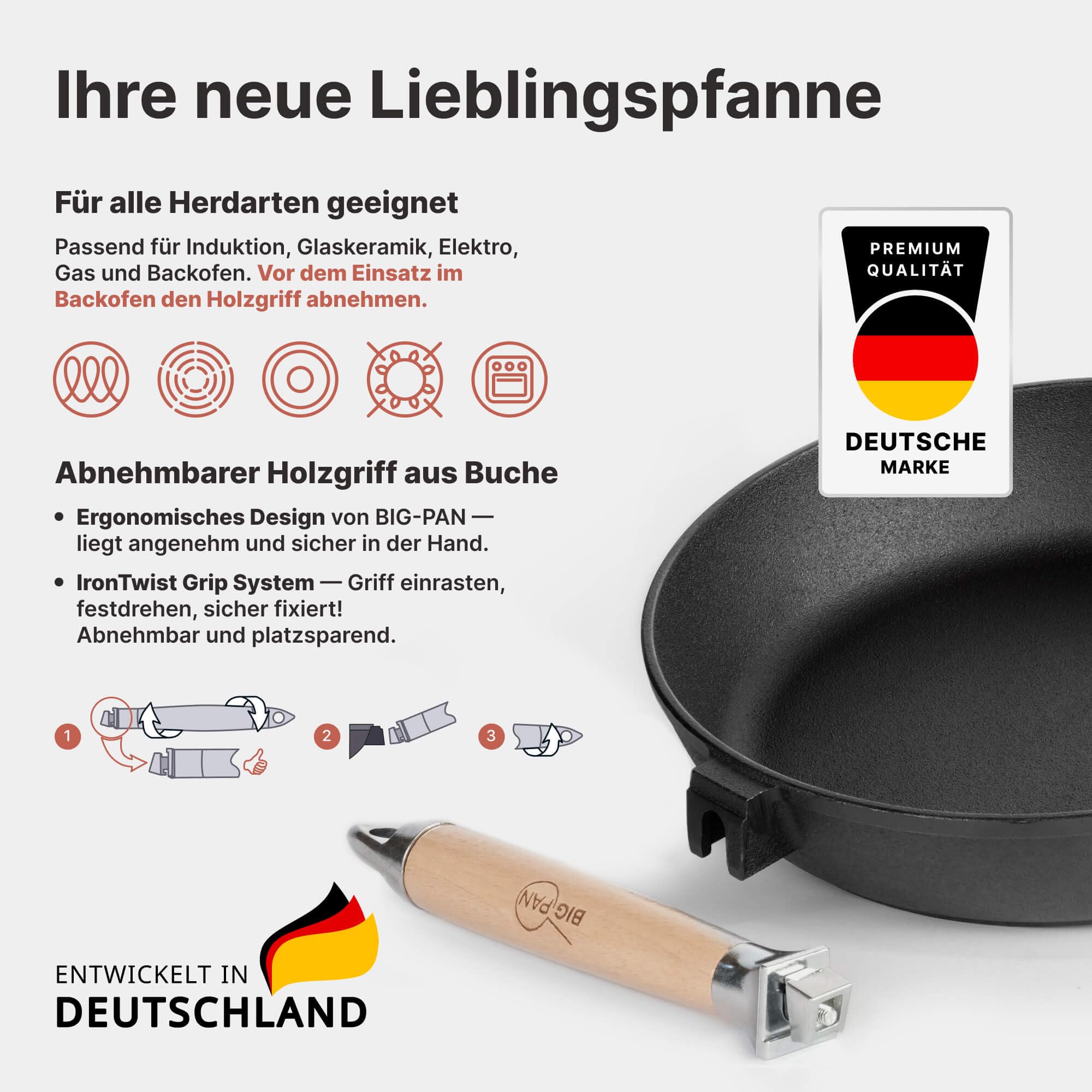 Gusseisenpfanne Ø28cm tief mit Glasdeckel abnehmbahrer Holzgriff Induktion | Hochwertige Bratpfanne aus Gusseisen unbeschichtet Eisenpfanne Eisenpfanne für alle Herdarten Grill und offenes Feuer