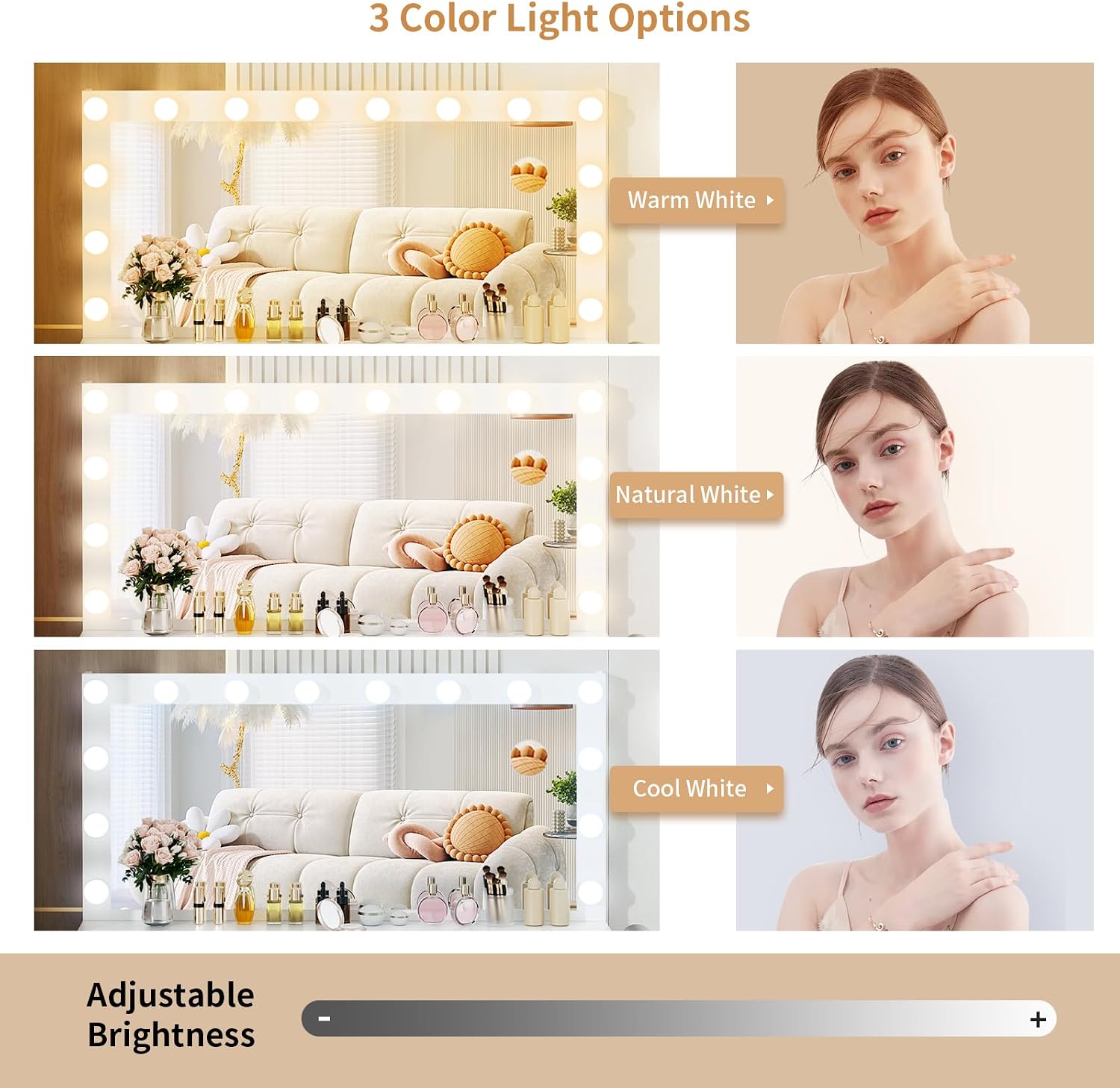 VOWNER Vanity mirror showing three different lighting modes: Warm White, Natural White, and Cool White, with adjustable brightness indicated below.