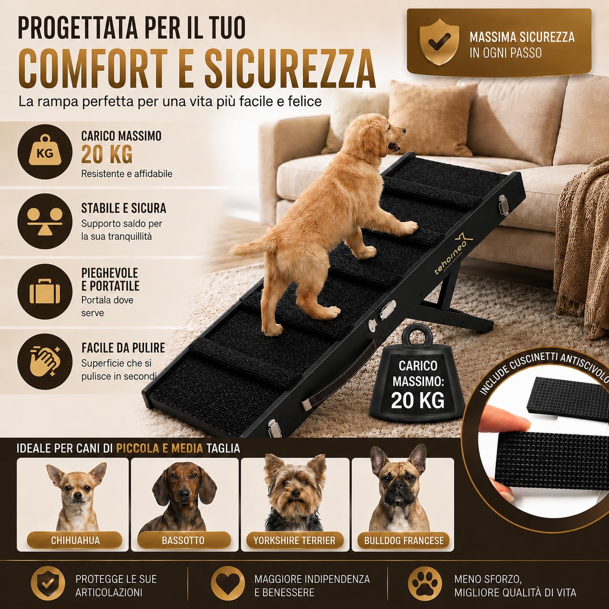 TEHORNEO Rampa per Cani, Scalette per Cane 4 Altezze da 25 cm a 41 cm, Scala per Cani Letto Portata Massima a 20 kg con Base Antiscivolo, Scaletta per Gatti, Scaletta Cani, Rampa per Cani Letto