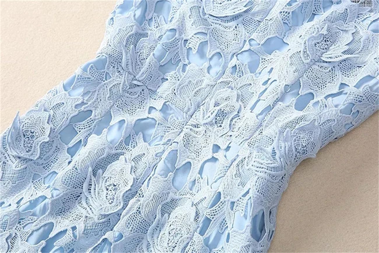 Yeuyyben Moda Primavera Donne Vestito Manica Corta Stand Collare Chic Pizzo Scava Fuori Estate Elegante Partito Abiti