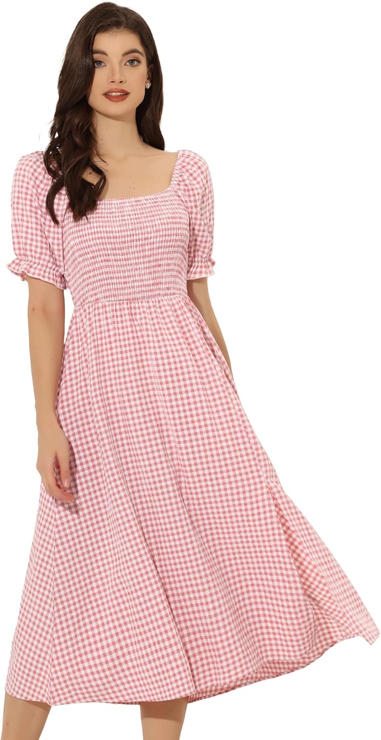 Allegra K Gingham Dress for Women's Peasant Smocked Puff Sleeve Checkered Fit and Flare Midi Dresses