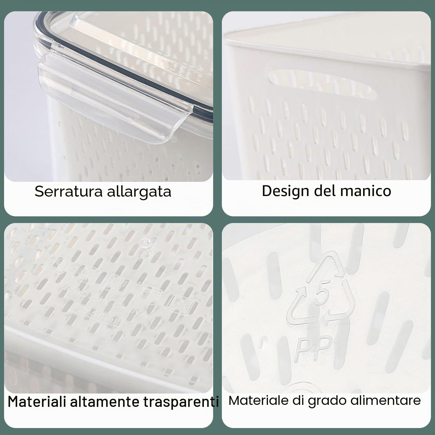 Kongming Organizer Frigorifero, Contenitori Plastica Frigo Con coperchio e cestello di scarico rimovibile per Insalata, Verdura, Frutta (6.2L+4.15L+3.15L+1.7L+0.8L)