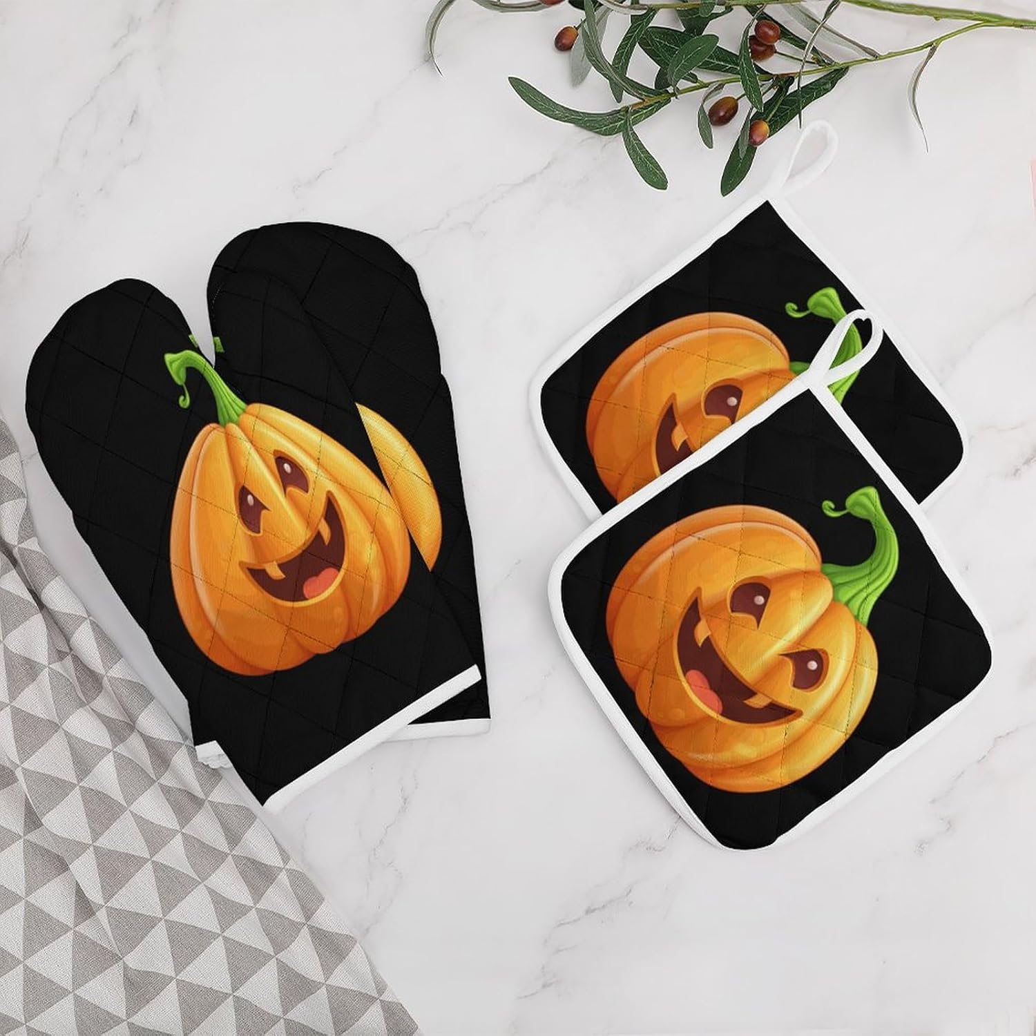 Halloween Pumpkin 4 Pcs Oven Mitts and Pot Holders Set High Heat Resistant Long Kitchen Oven Glove Potholders