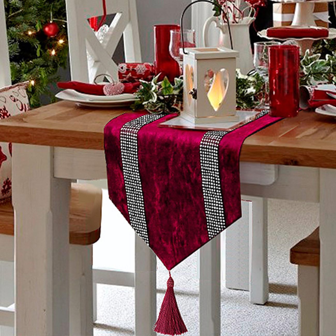 Jiino Camino de mesa de 33 x 200 cm, con lentejuelas y tiras de diamante y elegantes borlas para el hogar, cocina, fiestas, bodas, decoraciones, burdeos