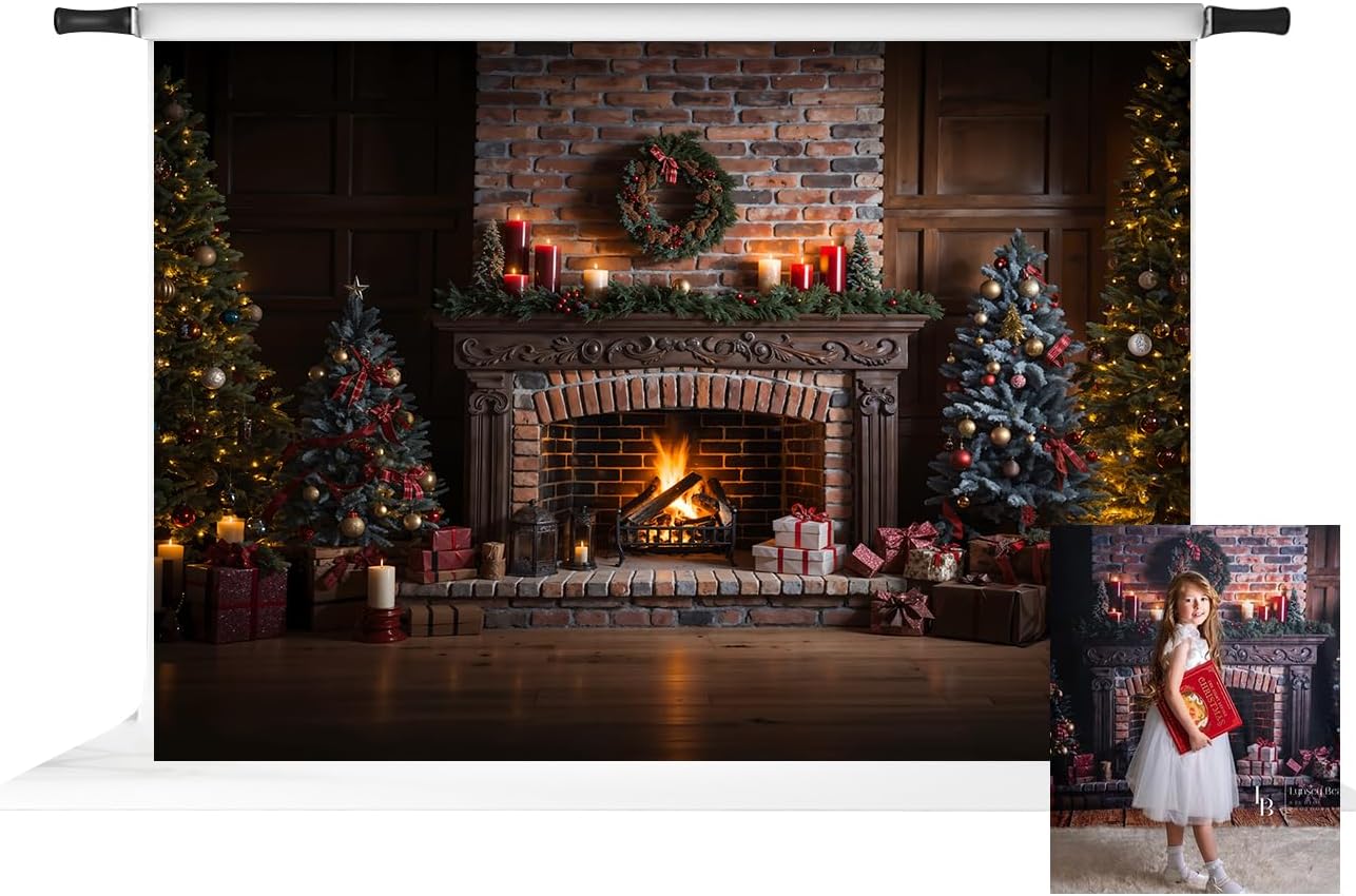 Kate Christmas Fireplace Photo Backdrop Christmas Tree and Gifts Background Indoor Retro Broken Brickl Photo Background Studio Props,7x5ft