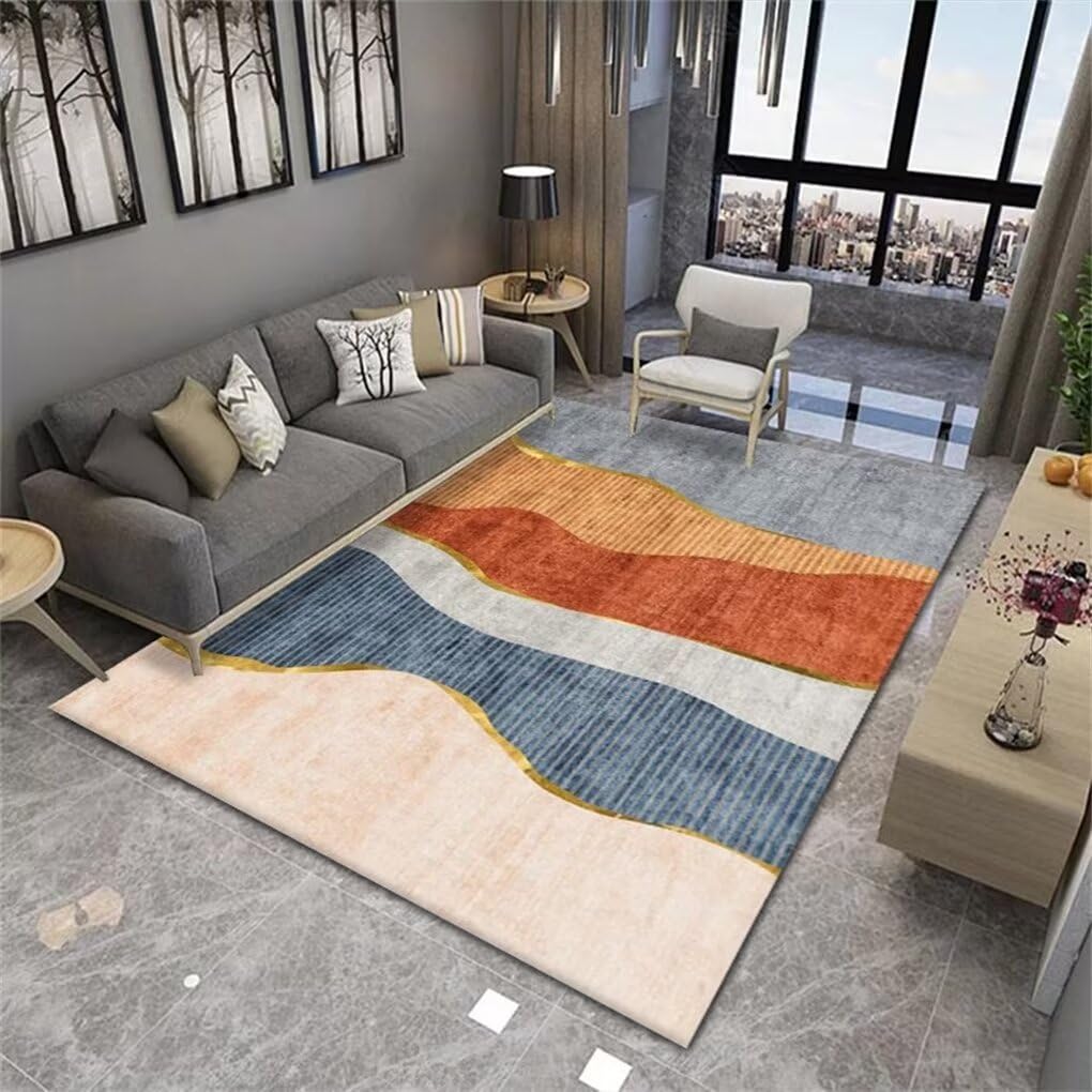 Tapis design rectangulaire bleu et gris lavable 80x150 cm pour chambre ado