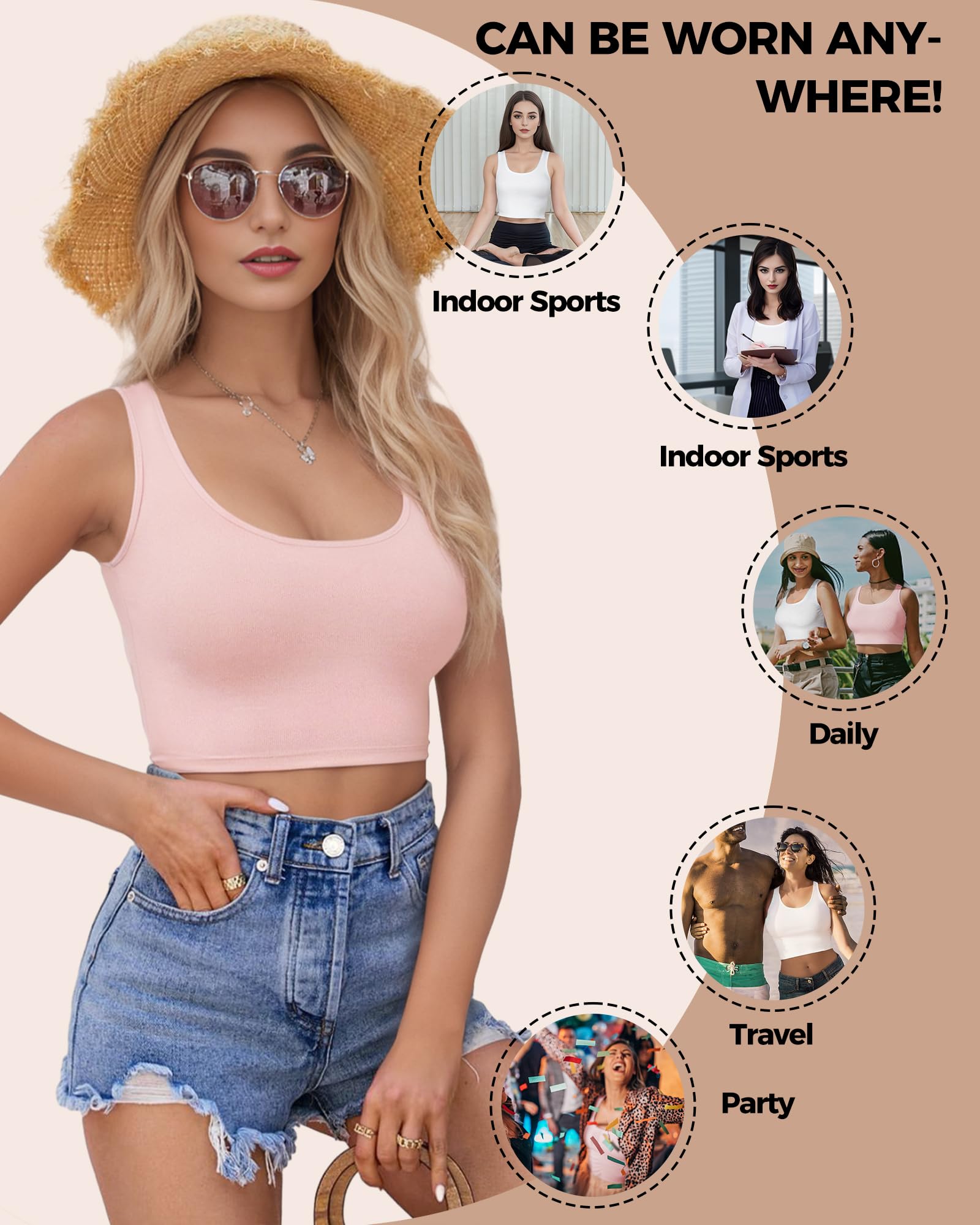 2-3 canottiere da donna, crop top senza maniche con scollo a U, crop top basic corto racerback per uscire magliette sportive atletiche, nero/bianco/rosa., M
