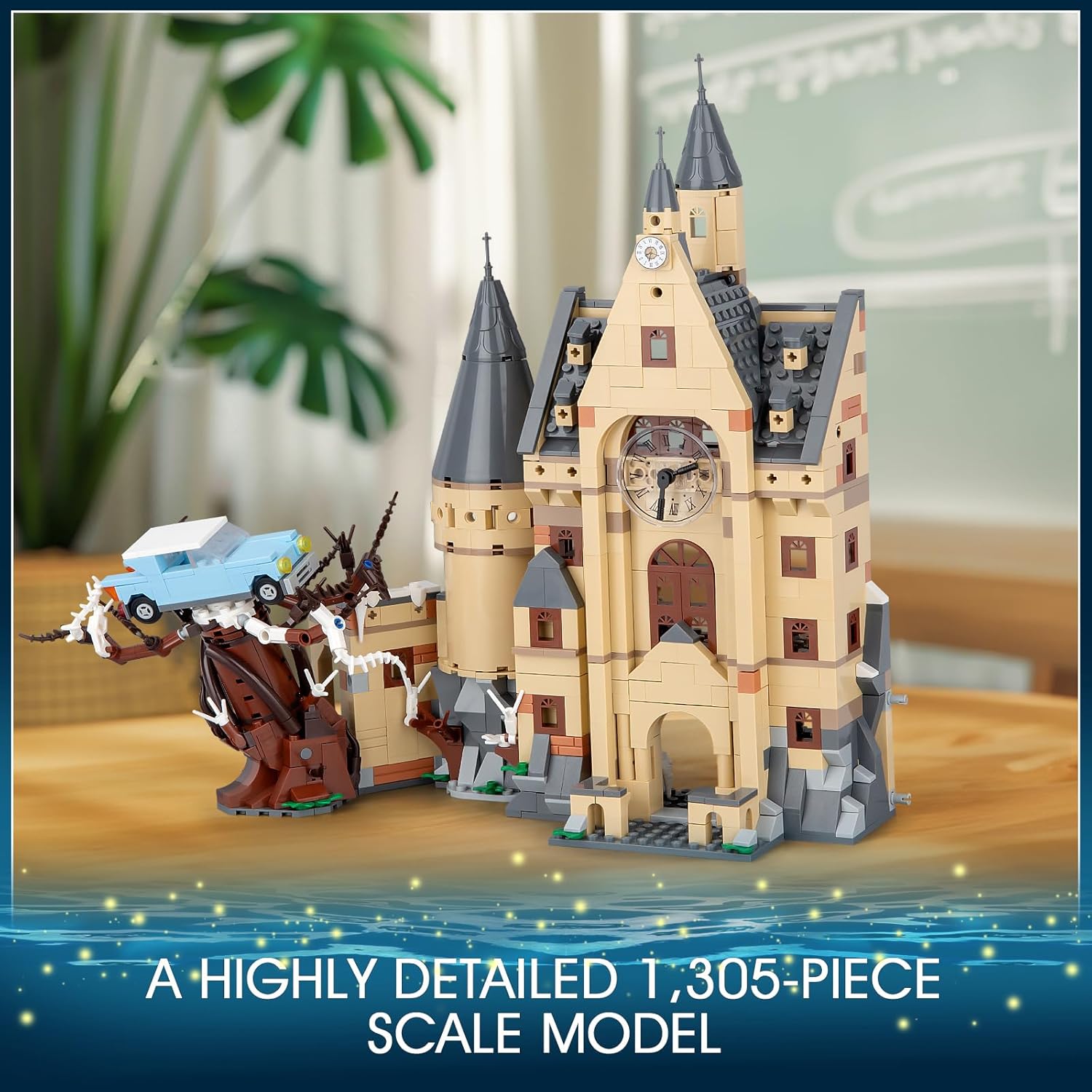 Completed Magic Clock Tower building set with a person