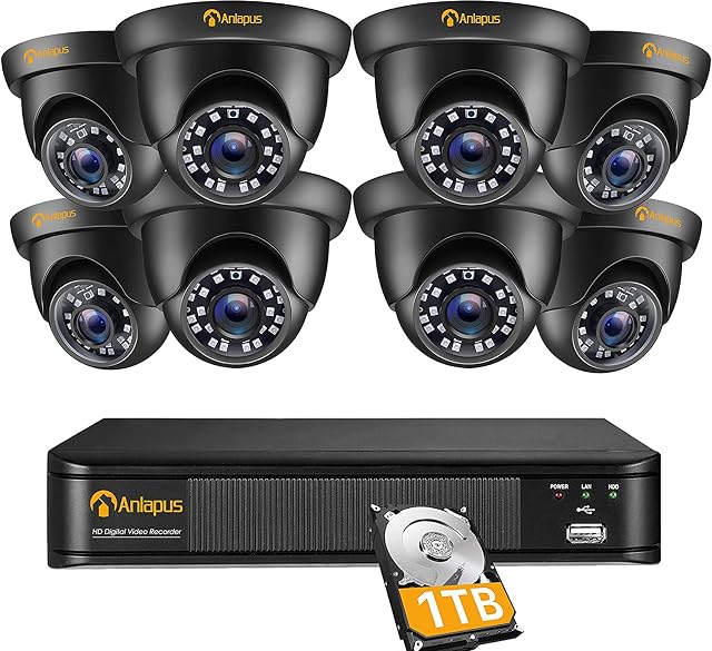Anlapus 1080P Outdoor Security Camera System, 8CH Surveillance DVR with 1TB Hard Drive, 8x 2.0MP Weatherproof Dome CCTV Cameras, Instant Motion Alert