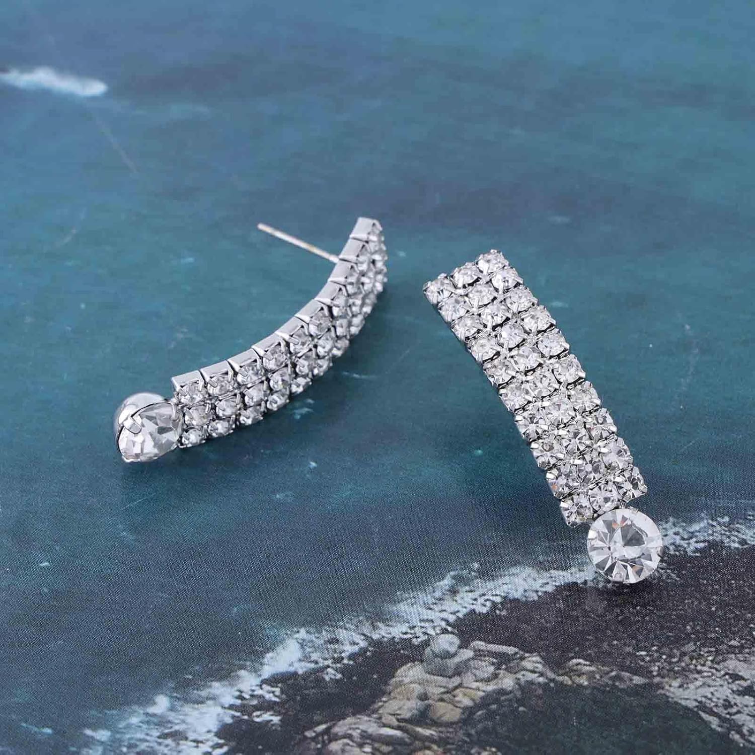 Boho Crystal Drop Earrings Silver Rhinestone Long Dangle Earrings Vintage Cz Long Chain Earrings Wedding Chandeliers Earrings Jewelry for Women - Image 4