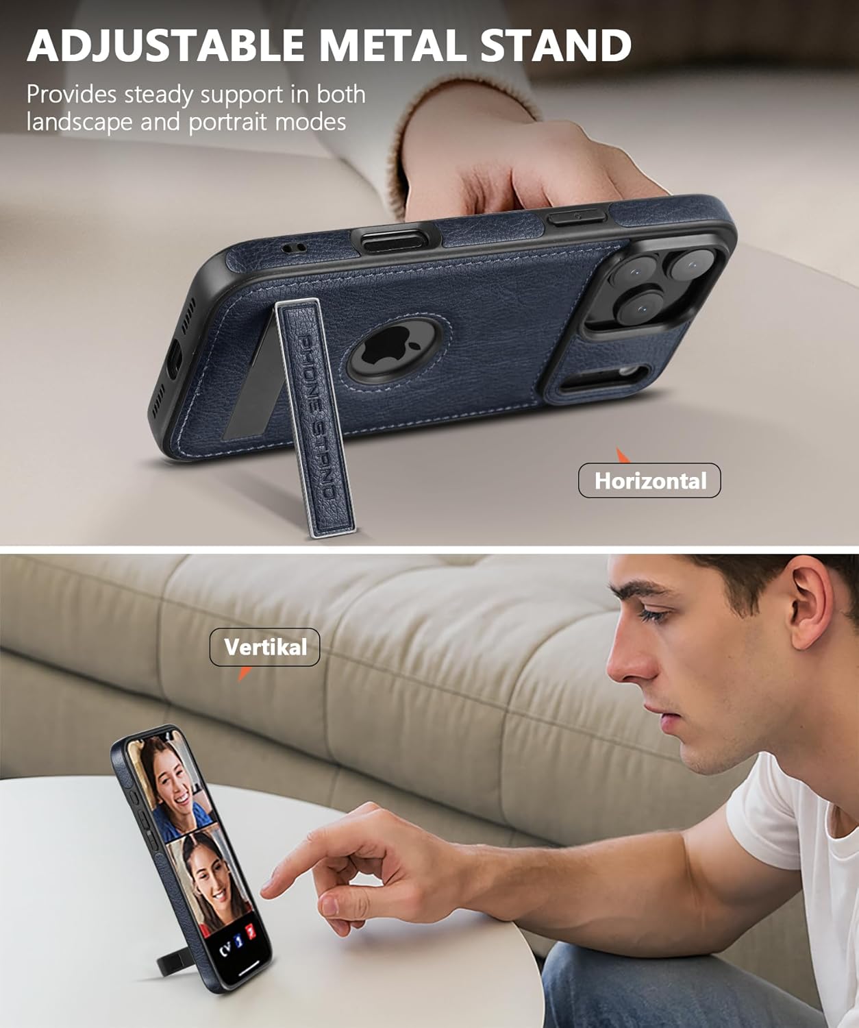 Designed for iPhone 17 Pro Leather Case with Stand, Protection Slim Adjustable Kickstand Phone Cover Compatible with iPhone 17 Pro (Blue) - Image 2