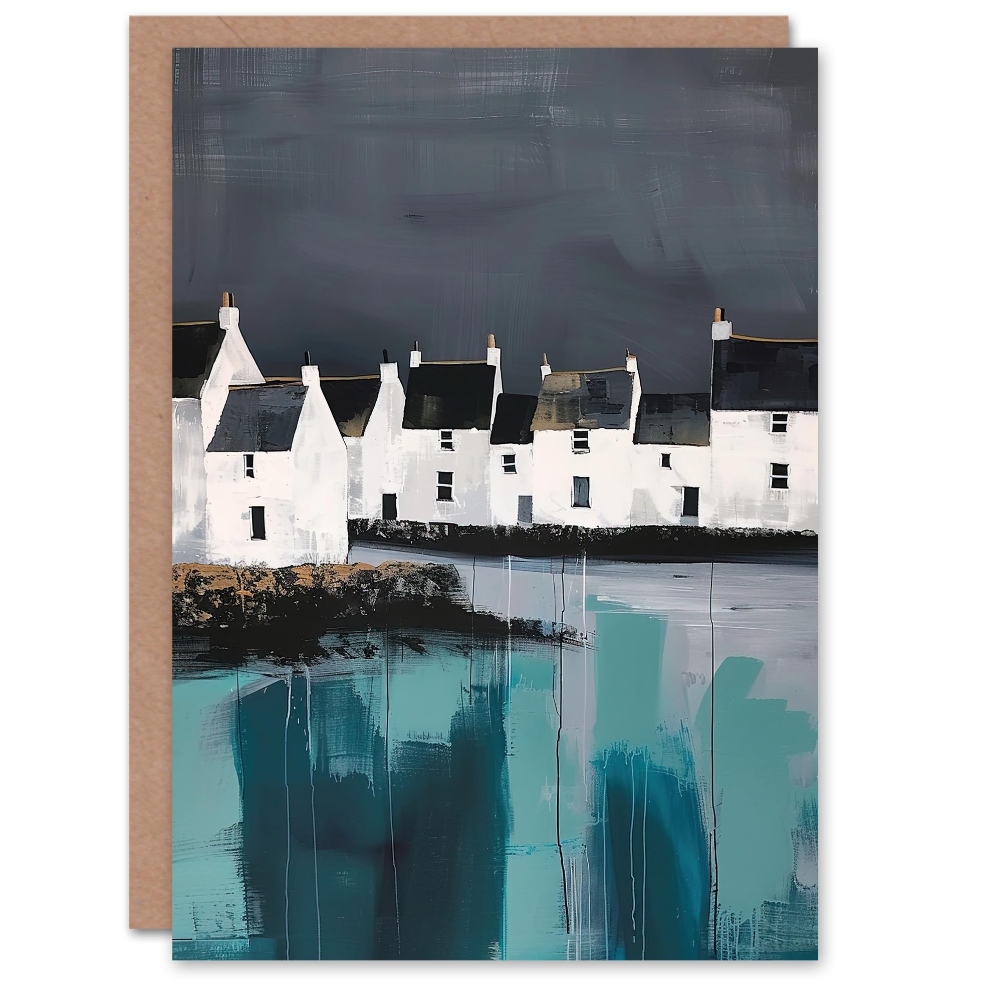 Artery8 Scottish Coastal Village Oil Painting Grey Sky Greeting Birthday Card Him Her All Blank