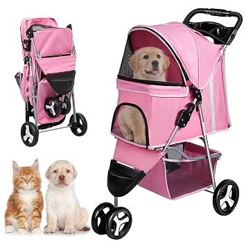 3-Wheel Foldable Pet Stroller for Dogs & Cats - Lightweight Travel Carrier with Cup Holder, Storage Basket & Smooth Ride - Perfect for Walks, Vet Visits Pink, 3 Wheels