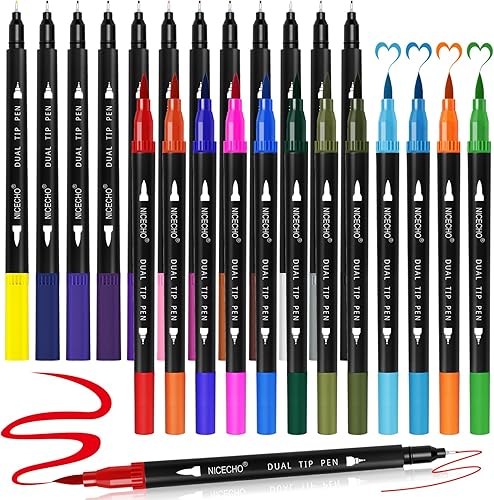 Nicecho Marcadores artísticos de doble punta de 24 colores para libros para colorear para adultos, proveedores de arte con punta fina y pincel para