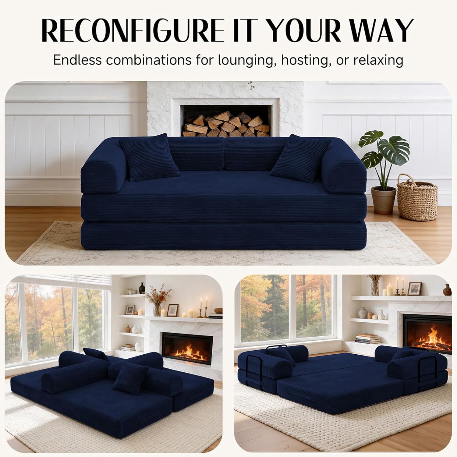 79'' Convertible Sofa Bed, Boneless Couch-in-a-Box, Corduroy Floor Futon Loveseat Sleeper, 26'' Deep Seat, Removable Machine-Wash Covers, Side Pockets, No Assembly, 2 Pillows, Navy Blue