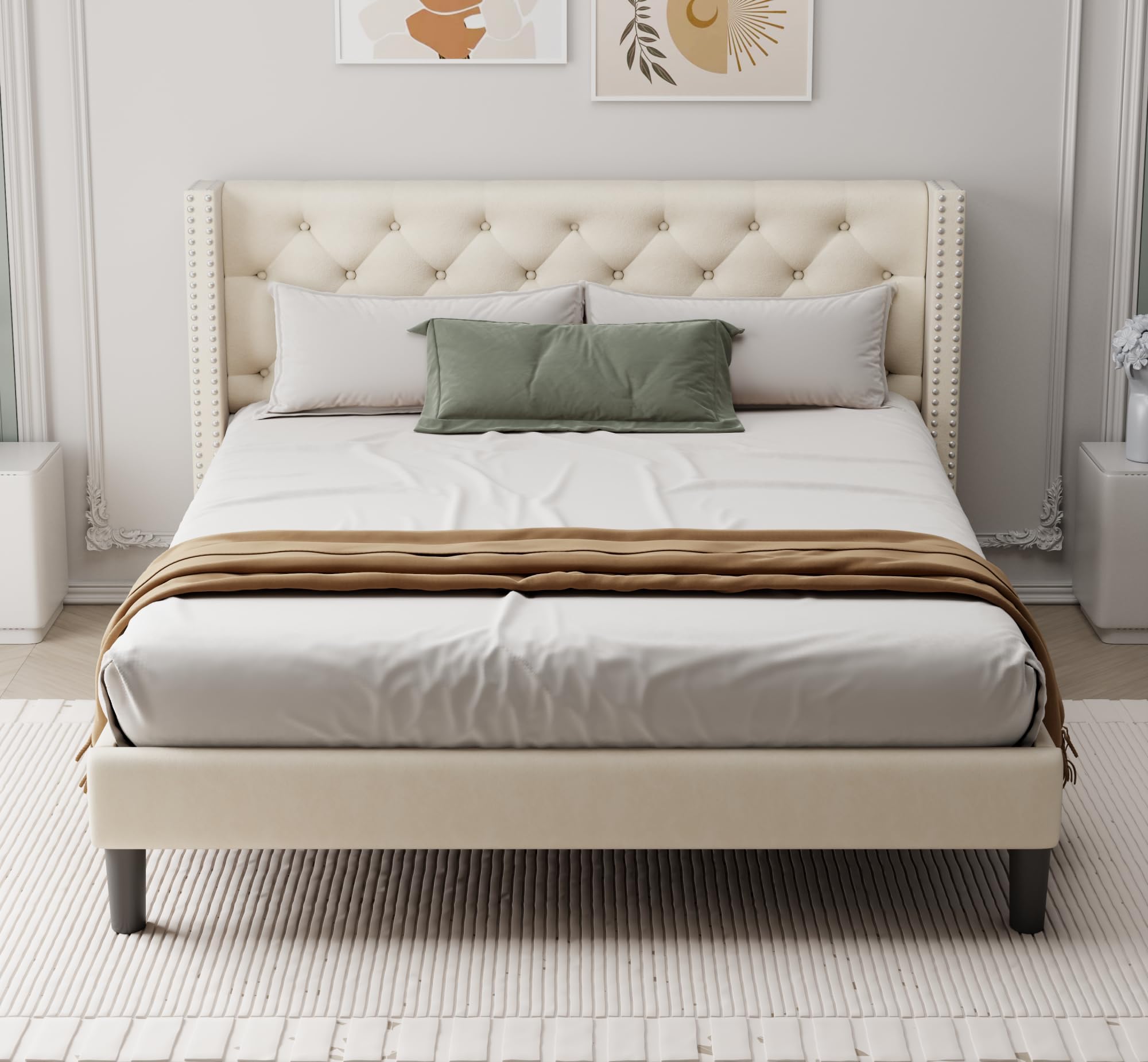 Queen Bed Frame Modern: Minimalist Tufted Headboard- Upholstered Platform Frames-Quiet and Strong hardwood Wooden Slats-No Spring Needed-Cushioned Upholstered Bedframes-Easy to Assemble,Beige Color