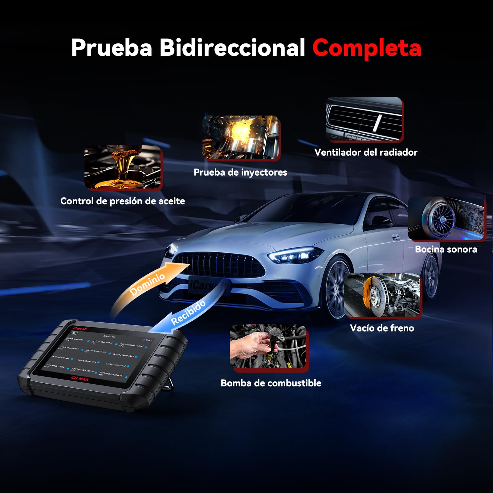 iCarsoft CR MAX OBD2 Máquina Diagnosis Coche Multimarca, Escáner de Todo el Sistema, 50 Funciones de Servicio, Codificación ECU, Prueba Bidireccional, Vin Automático, con Adaptadores de 38 y 20 Pines