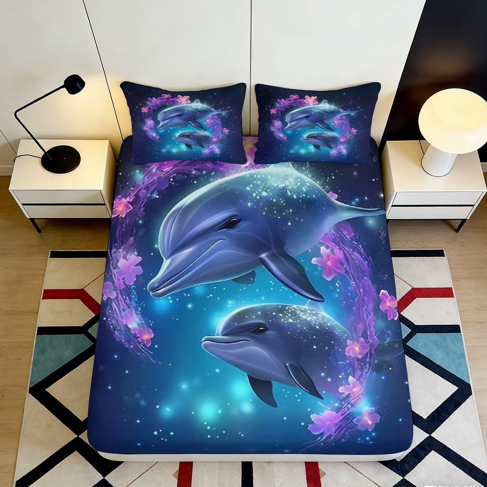 Pnayamiorkfel Style-9 3D Printed Dreamy Dolphin Fitted Sheet Microfiber Soft Blue Ocean Fantasy Bed Sheet For Bedroom Guestroom Decor 90X200x25cm