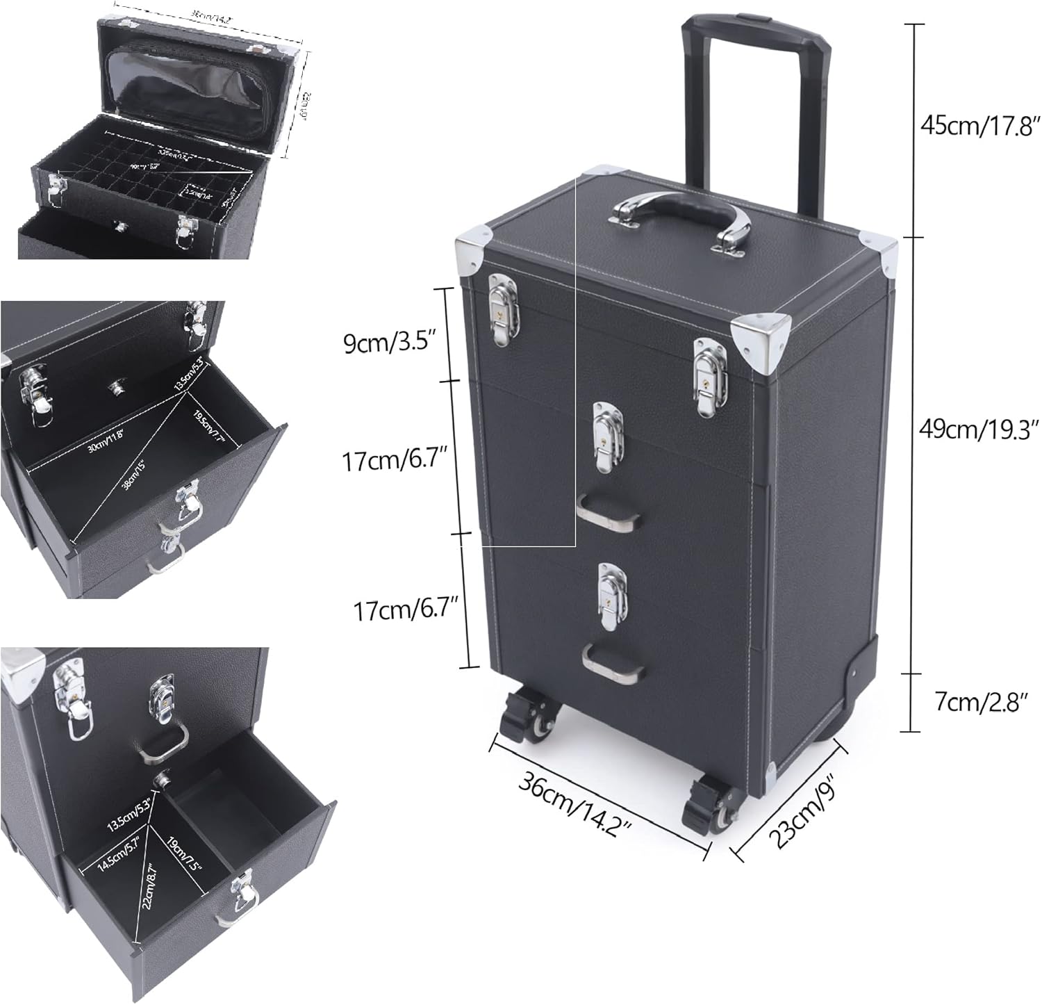 CNCEST 3 Layer Drawer Rolling Makeup Trolley Cosmetic Case,Rolling Makeup Trolley Case,Nail Polish Organizer,Jewelry Travel Cosmetic Train Case w/ 4 Wheels(Black)