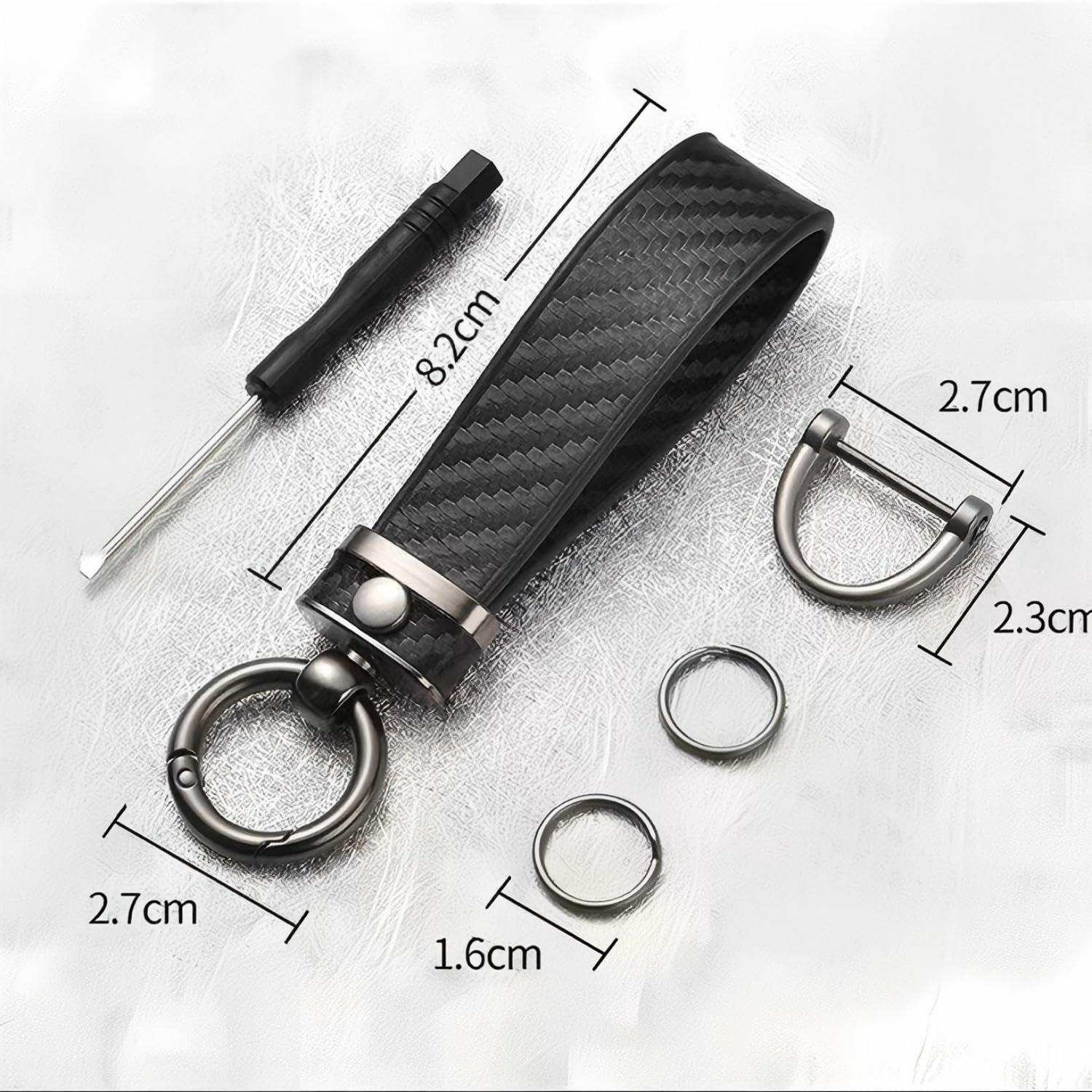 1 PC Carbon Fiber Style Car Keyring - Black Leather Keychain with 360° Rotating Anti-Lost D-Ring - Detachable Key Holder for Men and Women — view 2