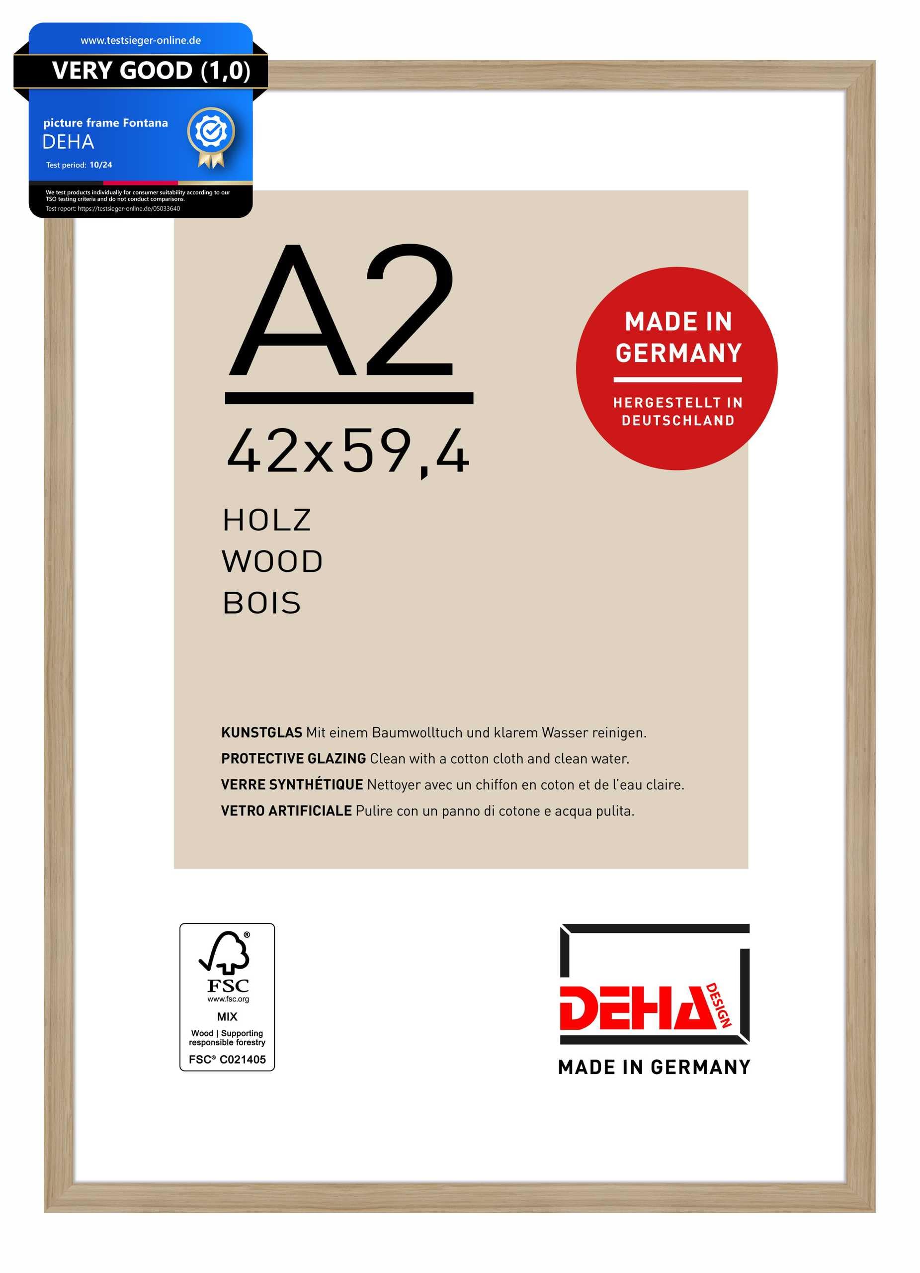 Deha Design Oak Fontana Wooden Picture Frame - A2 (42X59.4 Cm) – - With Synthetic Glass And Push/Turn Clips